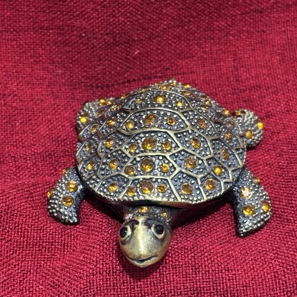 Rhinestone Turtle Trinket Box Enameled Magnetic Closure Tortoise Jeweled Brassy